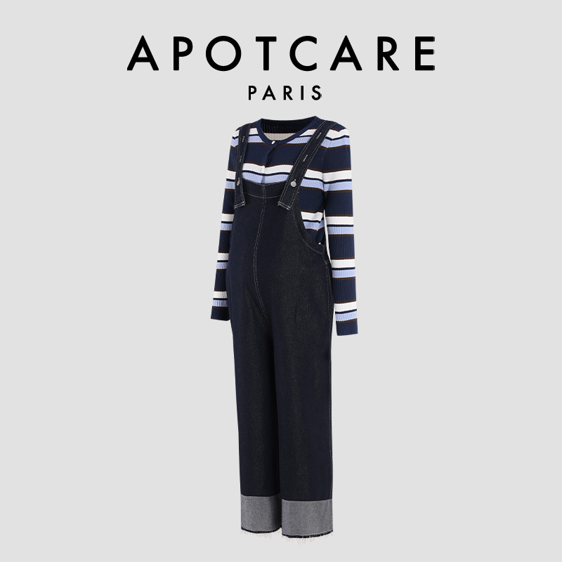 French Apotcare Maternity Wear for Women, Trendy Mom Style, Simple Denim Overalls, Striped Top Two-Piece Set French Apotcare Maternity Wear for Women, Trendy Mom Style, Simple Denim Overalls, Striped Top Two-Piece Set