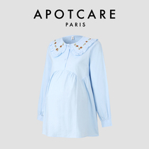 Французская APOTCARE беременная беременная Платье Летняя чистая хлопчатобумажковая блузка с длинными рукавами