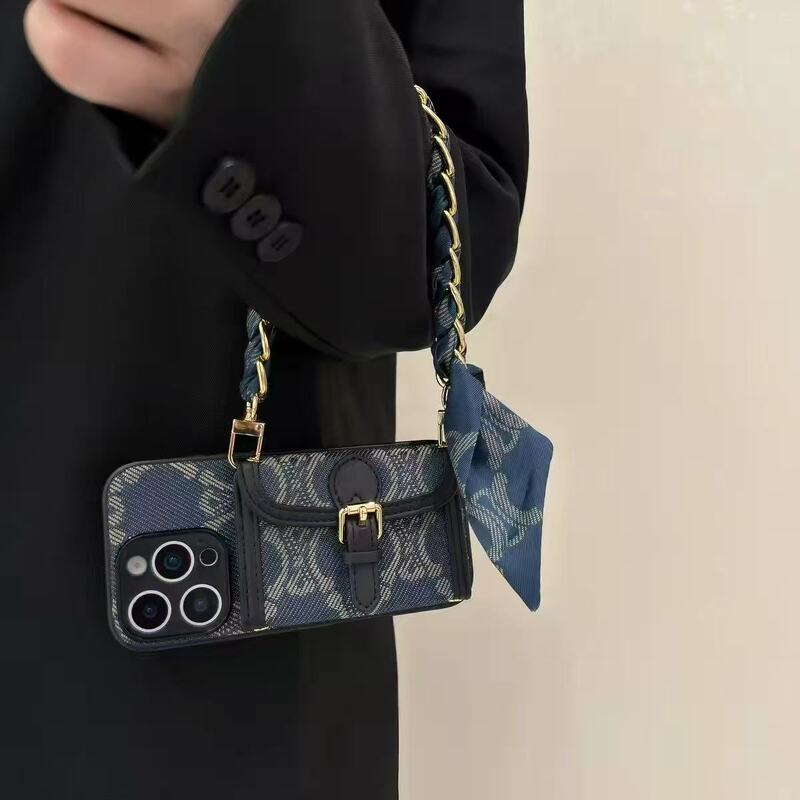 Suitable for Apple, Huawei, Honor, Oppo, Xiaomi, Vivo, Samsung, Lv Brand, Crossbody Phone Case with Strap, Trendy Brand, Women's Handbag, High-End Feel, Short Handle, Denim Fabric, Card Holder, with Makeup Mirror