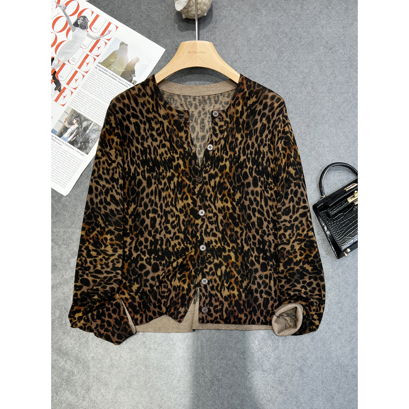 Duoduo European Station Early Autumn New Collection Italian Imported 100% Wool Sweater for Women, Round Neck Leopard Print Knitted Cardigan