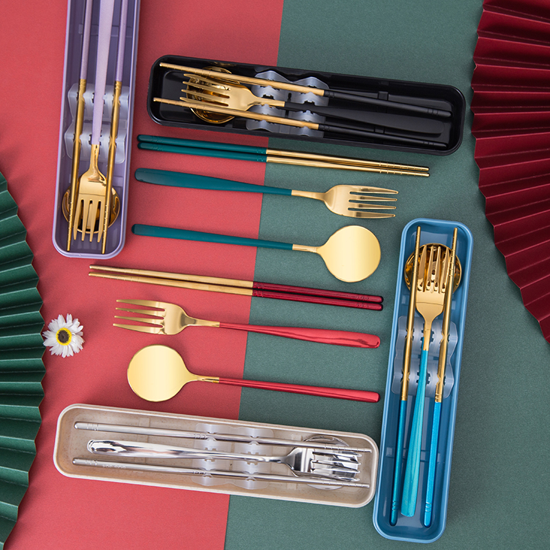 Custom gift lettering 304 stainless steel chopsticks spoon fork net red travel outdoor portable tableware three-piece set