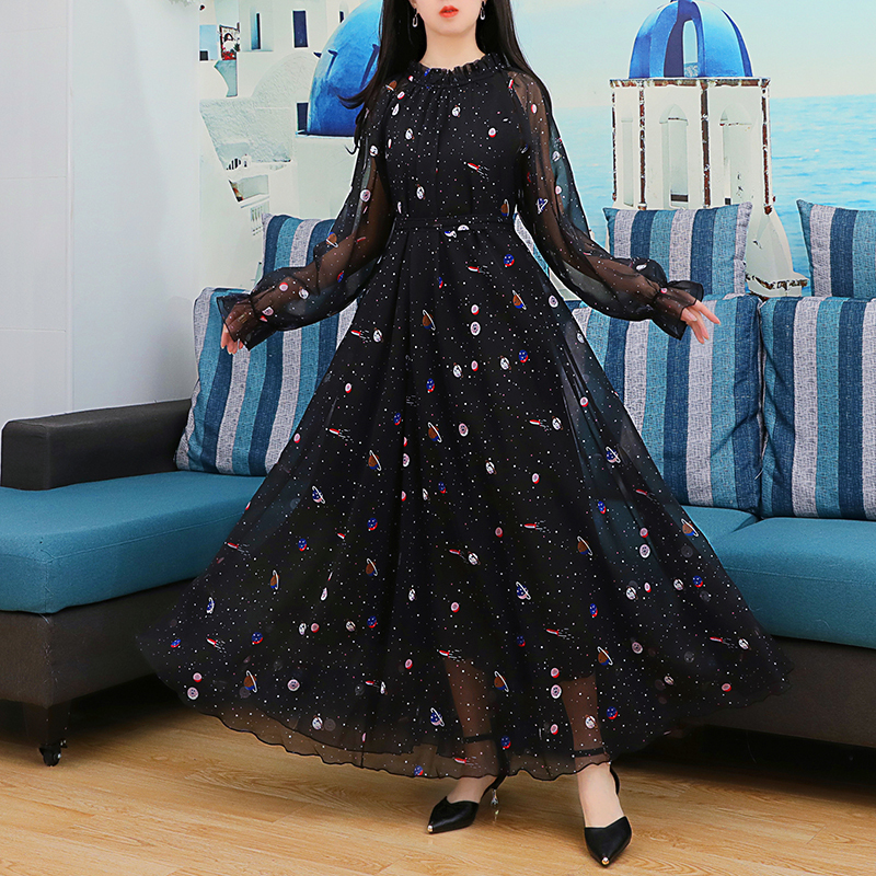 High-End Black Dress Hepburn Style Chiffon Floral Beach Vacation Dress Spring Long Skirt with Long Sleeves