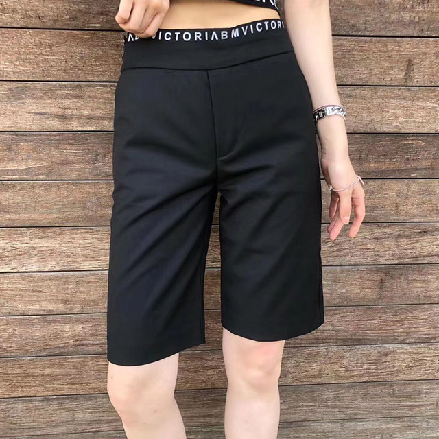 ໂສ້ງຂາສັ້ນຂະໜາດໃຫຍ່ elastic waist letter suit five-quarter pants women's 2023 thin loose straight style Hong Kong casual pants ຫ້າເຊັນ