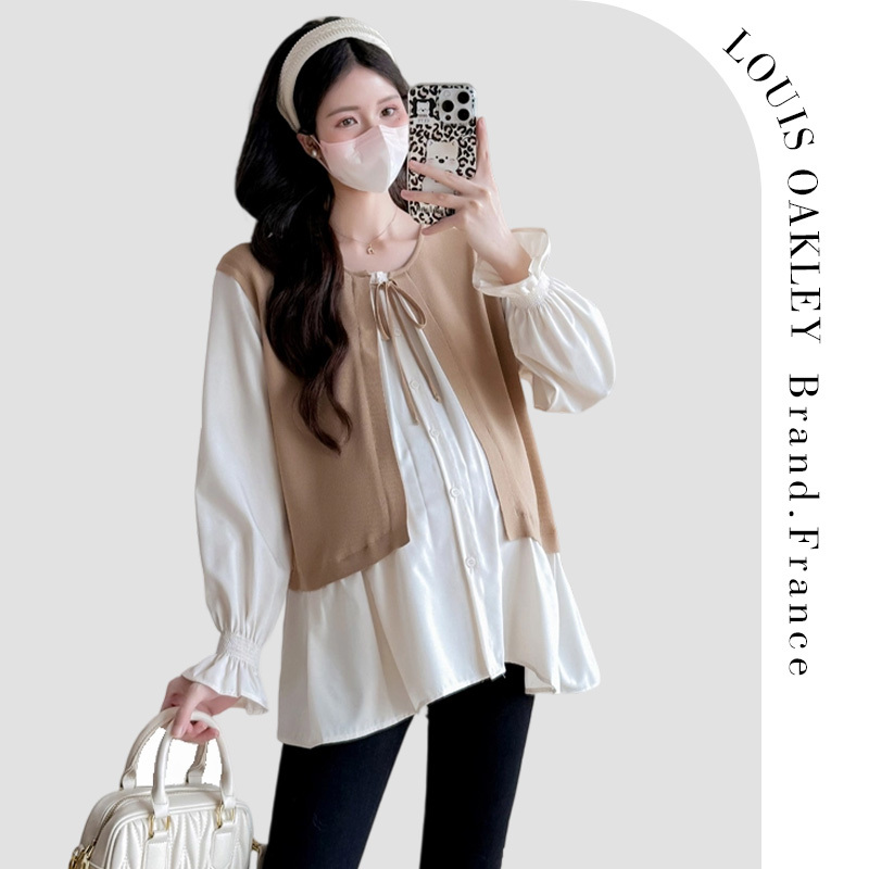 French Louis Oakley Maternity Wear Spring and Autumn Loose Age-Reducing Top Fake Two-Piece Shirt Versatile Babydoll Shirt