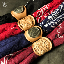 Japanese Oak saddle leather cowhide square scarf buckle American vintage leather clasp style denim collar decoration accessories