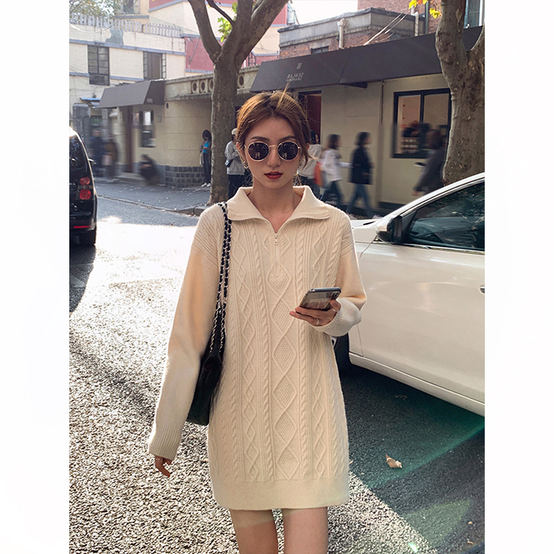 Mid-Length Twist Sweater Dress for Women in Autumn and Winter, Paired with a Coat, Loose and Lazy Style, Thickened Zipper, Soft and Cozy Knit Dress