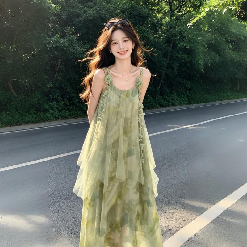 Vacation Style Green Mesh Suspender Dress for Women, Summer Sleeveless Hot Trend, Super Popular, Stunning, Gentle Style Long Dress