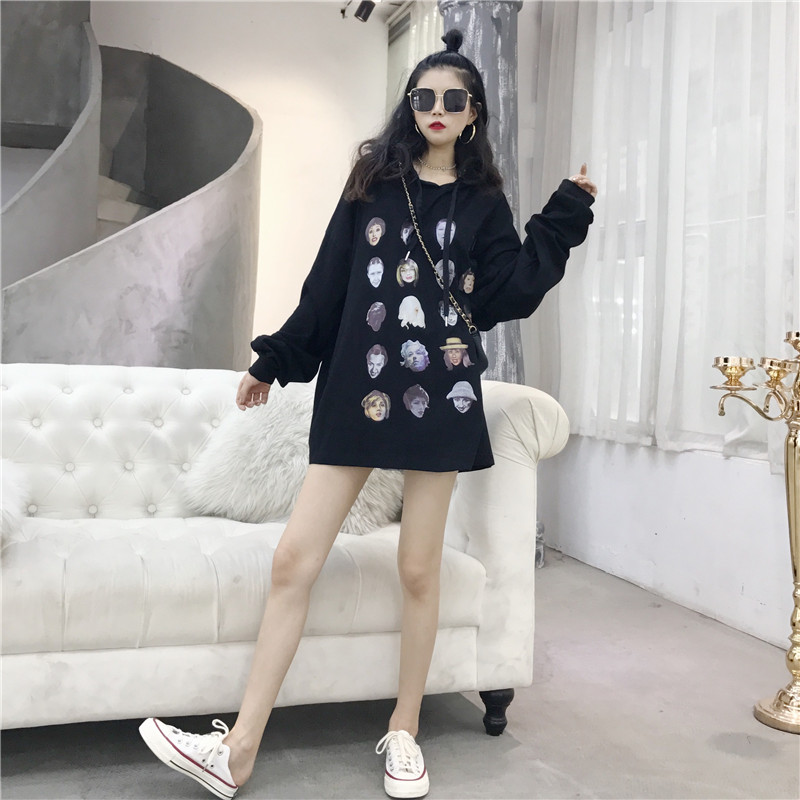 VK旗艦店 韓系個性連帽印花滿版長袖洋裝