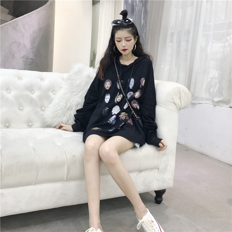 VK旗艦店 韓系個性連帽印花滿版長袖洋裝