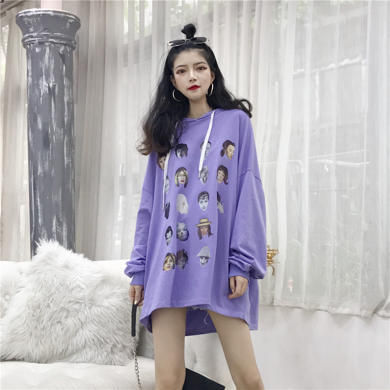 VK旗艦店 韓系個性連帽印花滿版長袖洋裝