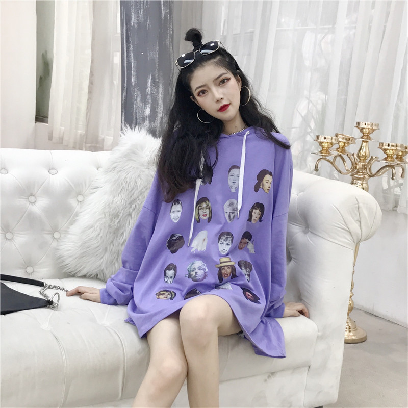 VK旗艦店 韓系個性連帽印花滿版長袖洋裝