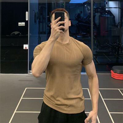 Ice Silk high-elasticity quick-drying sports short-sleeved solid color fitness clothes, men's tight round-neck T-shirt top, casual training wear