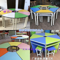 Students hexagonal desks and chairs Hexagonal color splicing combination tables Computer classroom Six-sided tables Shaped trapezoidal tables