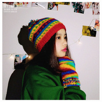  Nepal pure wool handmade hat Rainbow hat gradient Sen women warm ski hat round hat temperament literary retro