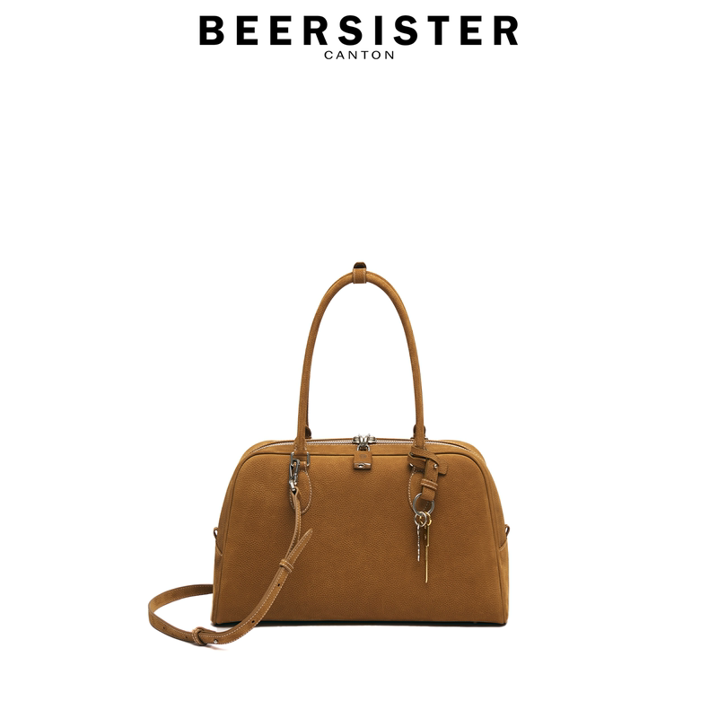 Beersister Bowling Bag Large Size First-Layer Cowhide Large Capacity Shoulder Crossbody Handbag Tote Bag for Women