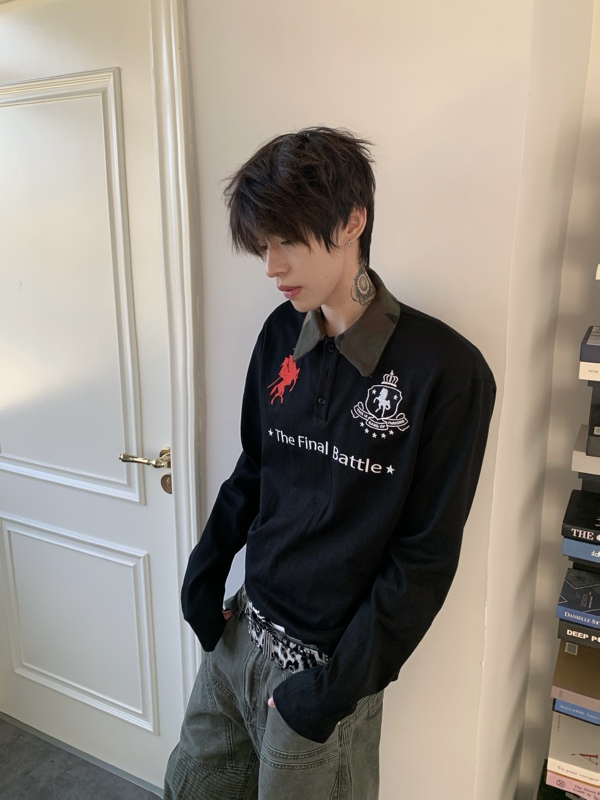 Aoc "War Horse" Camouflage Color-Blocked Embroidered Printed Street Polo Long-Sleeve Loose Slimming T-Shirt for Men and Women Aoc "War Horse" Camouflage Color-Blocked Embroidered Printed Street Polo Long-Sleeve Loose Slimming T-Shirt for Men and Women