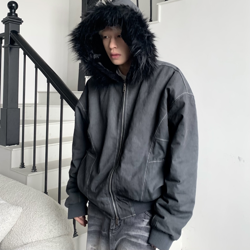 Aoc Black Feather down Hooded Rabbit Fur Washed Black Faux Mink Coat Deconstructed Loose Cotton Jacket
