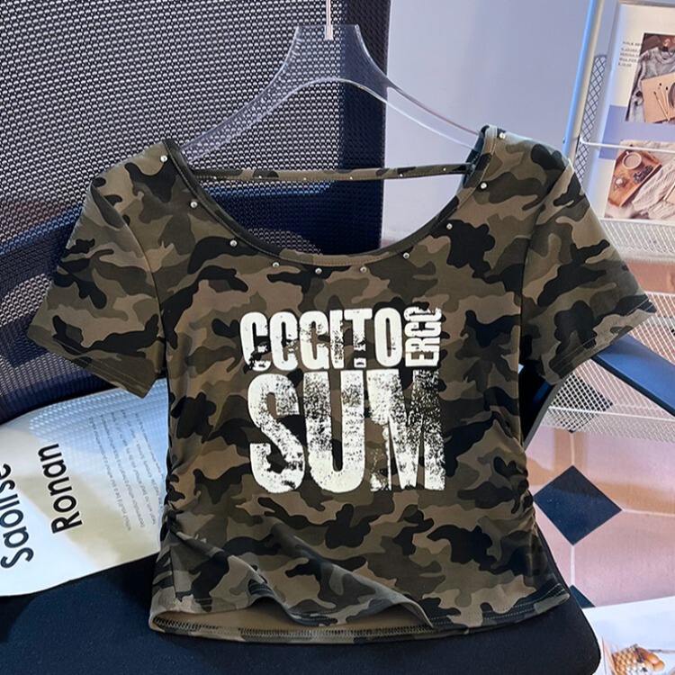 2026 Summer New Style Front and Back U-Neck Camouflage Slim-Fit Short-Sleeve T-Shirt Sweet and Cool Spicy Girl Top