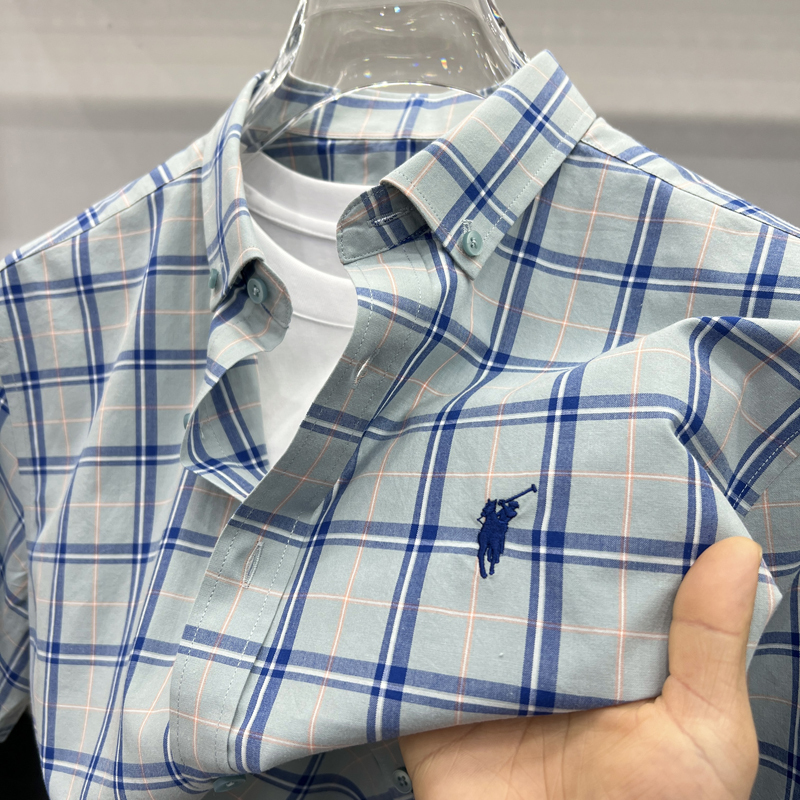 Paul Little Horse Brand 100% Cotton Shirt Summer 2026 New Shirt Collar Embroidery Men's Plaid Short Sleeve T-Shirt