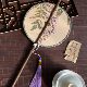 Ancient style purple bamboo waist fan Hanfu catwalk fan Chinese style long handle tassels rollable zigzag fan classic hanging waist fan