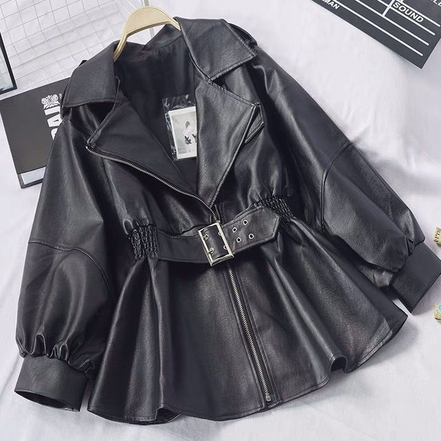 Lotus leaf lapel waist PU leather jacket for women Korean version 2025 autumn new style motorcycle leather lantern sleeve slim jacket