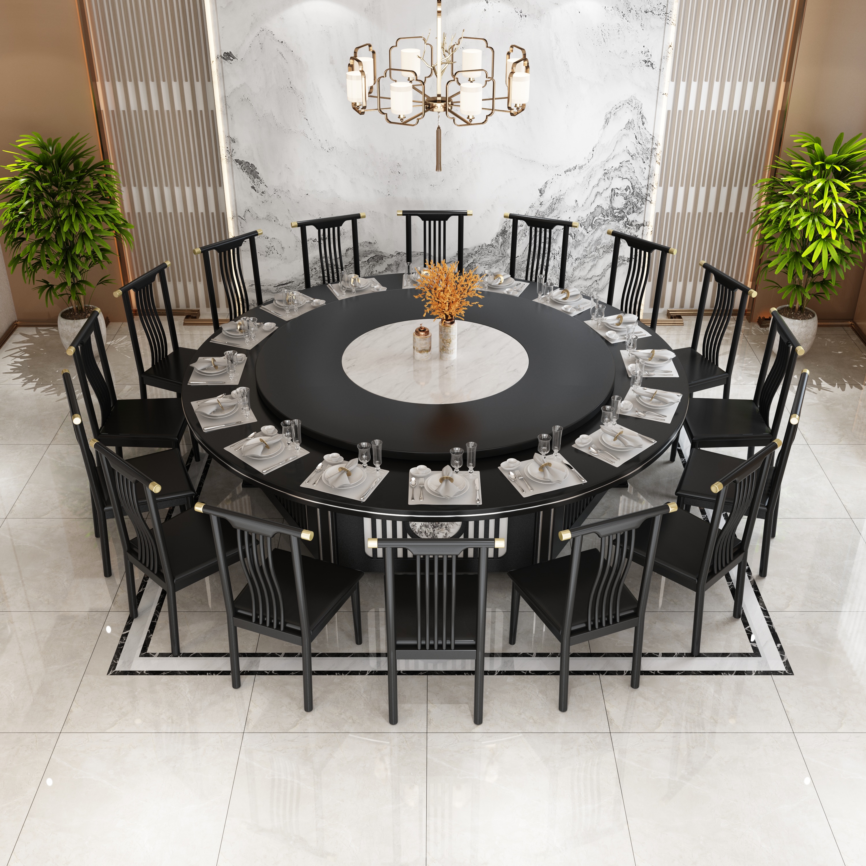 Hotel dining table large round table electric turntable automatic rotation hotel table and chair combination 15 20 16 people dining room