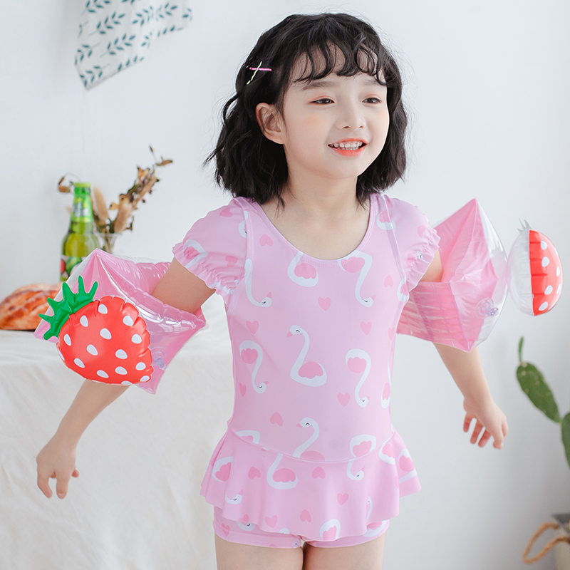 Children's swimsuit girl baby swan swimsuit in small middle baby bubble sleeve sleeve Princess dress