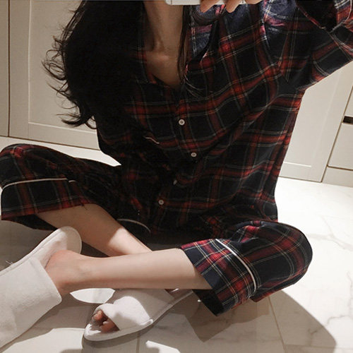 Day hair Korea I love Korean drama checkered half open collar comfortable pajamas set female spring TJ372