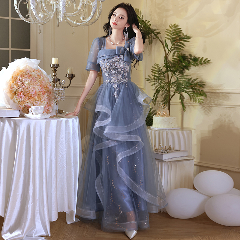 Blue Evening Dress, New Style for Banquets, High-End French Style, Light Luxury, Niche, Host's Puffy Dress