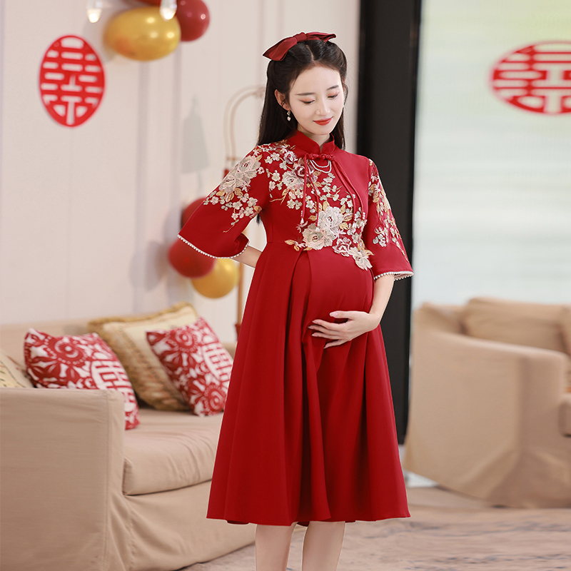 Maternity Formal Dress for Brides, Plus-Size Wedding Dress, Homecoming Dress, High-Waisted Belly-Covering Chinese-Style Cheongsam Dress for Women