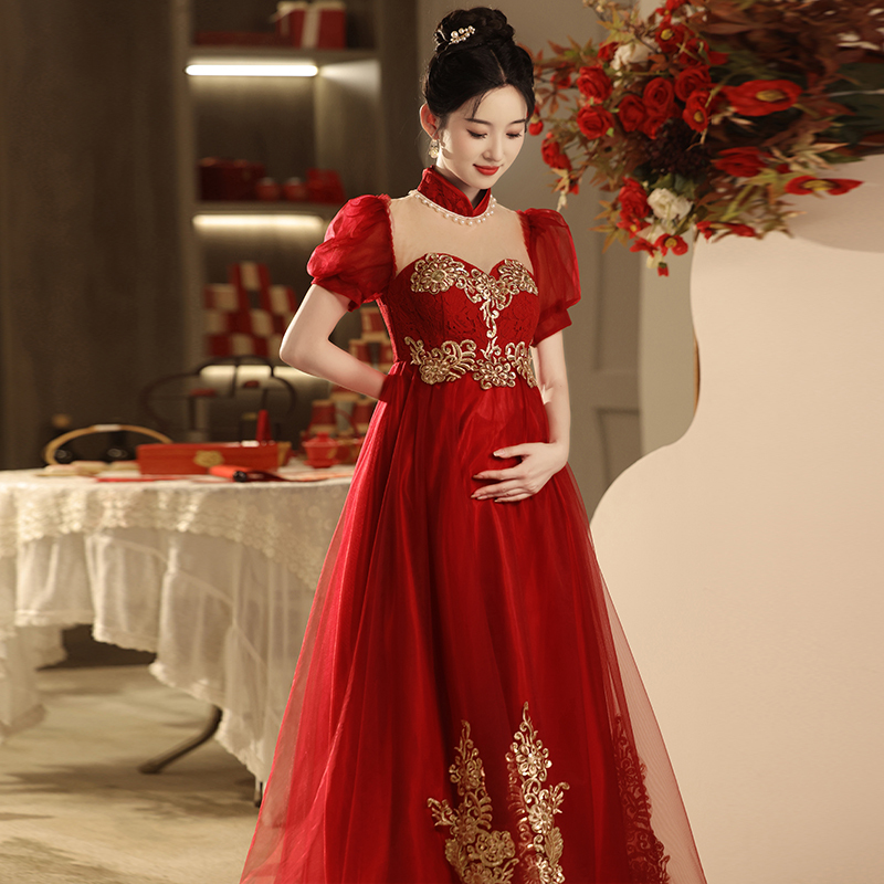 Plus-Size Toast Dress for Chubby Women, Slimming and Elegant, New Chinese-Style Maternity Dress, Women's Puffy Skirt, Bride's Wedding Homecoming Casual Wear