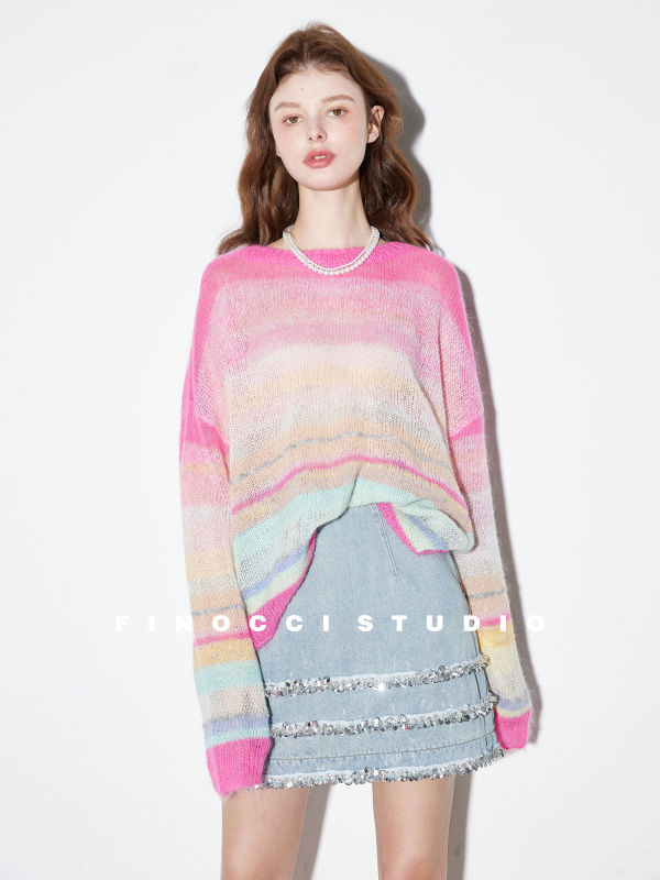 Finocci South Africa Imported Mohair Spring 11-Color Mixed Rainbow Striped Sweater Lazy Style Knit Top Finocci South Africa Imported Mohair Spring 11-Color Mixed Rainbow Striped Sweater Lazy Style Knit Top