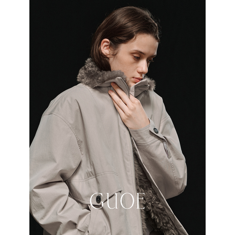 Guoe/High-Density Washed Cotton Texture with Spliced Fur Collar Jacket, Thinsulate Cotton Short Coat for Women 31339 Guoe/High-Density Washed Cotton Texture with Spliced Fur Collar Jacket, Thinsulate Cotton Short Coat for Women 31339