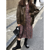 GUOE 20AW Love in Rome motorcycle padded cotton brown loose long sleeve PU casual leather jacket womens autumn and winter