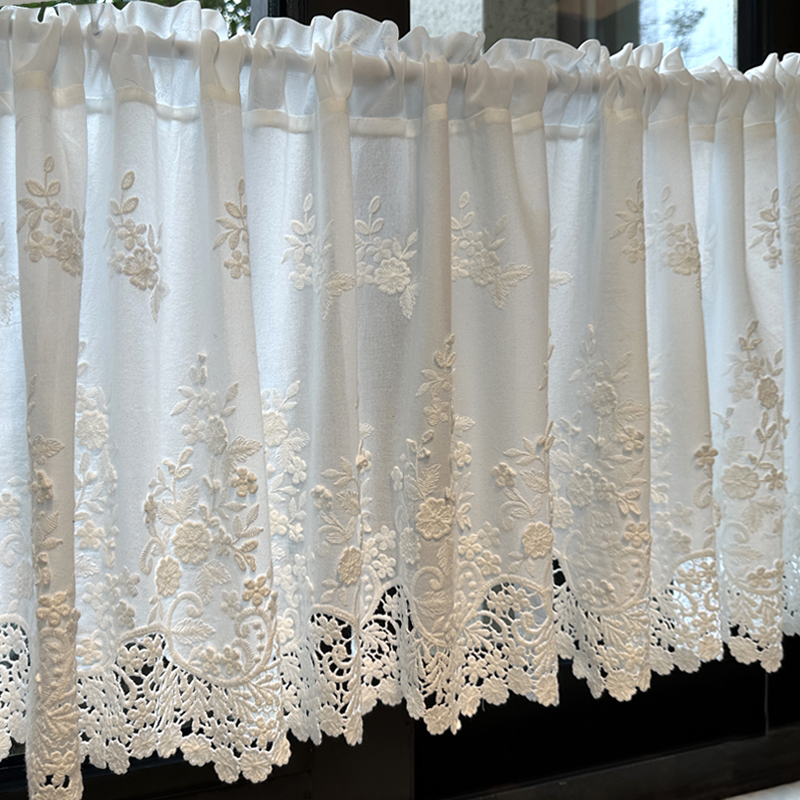 French-Style Pure Cotton Embroidered Half-Curtain, Japanese-Style Sheer Curtain, Fabric Curtain, Finished Door Curtain, Kitchen Curtain, Coffee Curtain