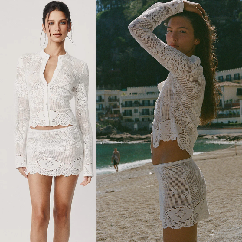 Withjean White Round Neck Crochet Lace Wavy Edge Cardigan Mini Lace Bodycon Skirt Withjean White Round Neck Crochet Lace Wavy Edge Cardigan Mini Lace Bodycon Skirt