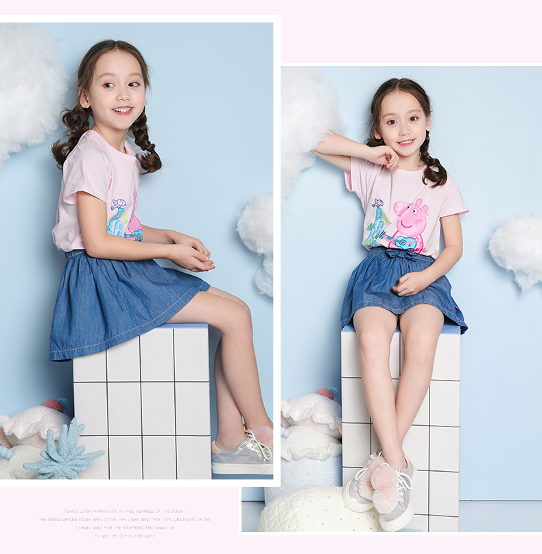 Pig Peggy Summer Cô gái mới mặc Cotton T-shirt tay áo ngắn Váy ngắn Váy denim mỏng thoáng khí thoáng mát - Phù hợp với trẻ em bộ nỉ nhung đẹp cho bé