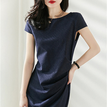 Boo Pala~Super soft knitted denim spring and summer round neck pleated waist giant thin denim cotton dress for women