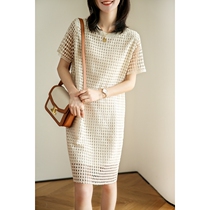 Boo Pala 柜 cabinet on the big pai~Ten thousand needle hollow out embroidery round neck straight dress women super thin