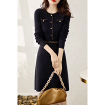 Boo Pala temperament Medium-length dress autumn and winter New elegant thin shiny silk 100% pure wool knitted dress
