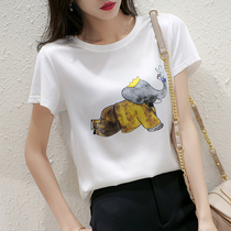 Boo Pala 圆 round neck heavy weight silk t-shirt~womens summer short-sleeved new loose mulberry silk printing top