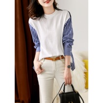 Boo Pala literary French shirt 2021 autumn new fresh personality hollow-out knitted stitching striped top