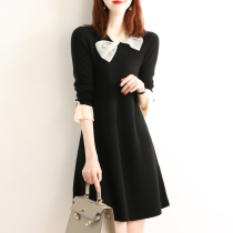 Boo Pala elegant texture stitching long sleeve knit dress 2021 Autumn New bow A- line dress