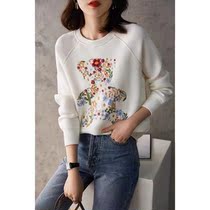 Boo Pala funky style embroidered flower bear toast air cotton round neck loose sweater female