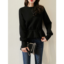 Boo Pala comfy and elegant black space cotton round neck sheep foot sleeve waist slim slim ruffle female