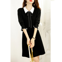 Boo Pala jumbo autumn new dress female thin black dress flared sleeve doll collar bow A- line dress