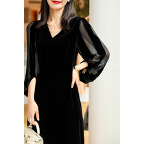 BOO Pala 轻 Light luxury high-end ~ Elegant gem gloss Mulberry silk velvet lantern sleeve dress