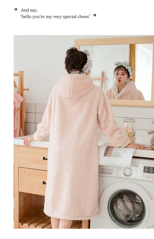 Áo choàng ngủ phụ nữ mùa thu và mùa đông san hô lông cừu pijama phụ nữ áo choàng tắm trùm đầu dễ thương dày dài váy ngủ bằng vải nỉ dịch vụ tại nhà - Night Robe