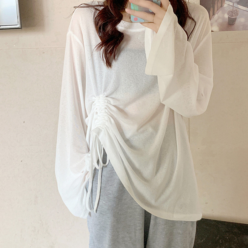 Tie-Waist T-Shirt for Women, Early Autumn 2026 New Style, Long-Sleeved Sun-Protective Cover-Up, Thin and Lazy Style, Outerwear ins Trendy Tie-Waist T-Shirt for Women, Early Autumn 2026 New Style, Long-Sleeved Sun-Protective Cover-Up, Thin and Lazy Style, Outerwear ins Trendy