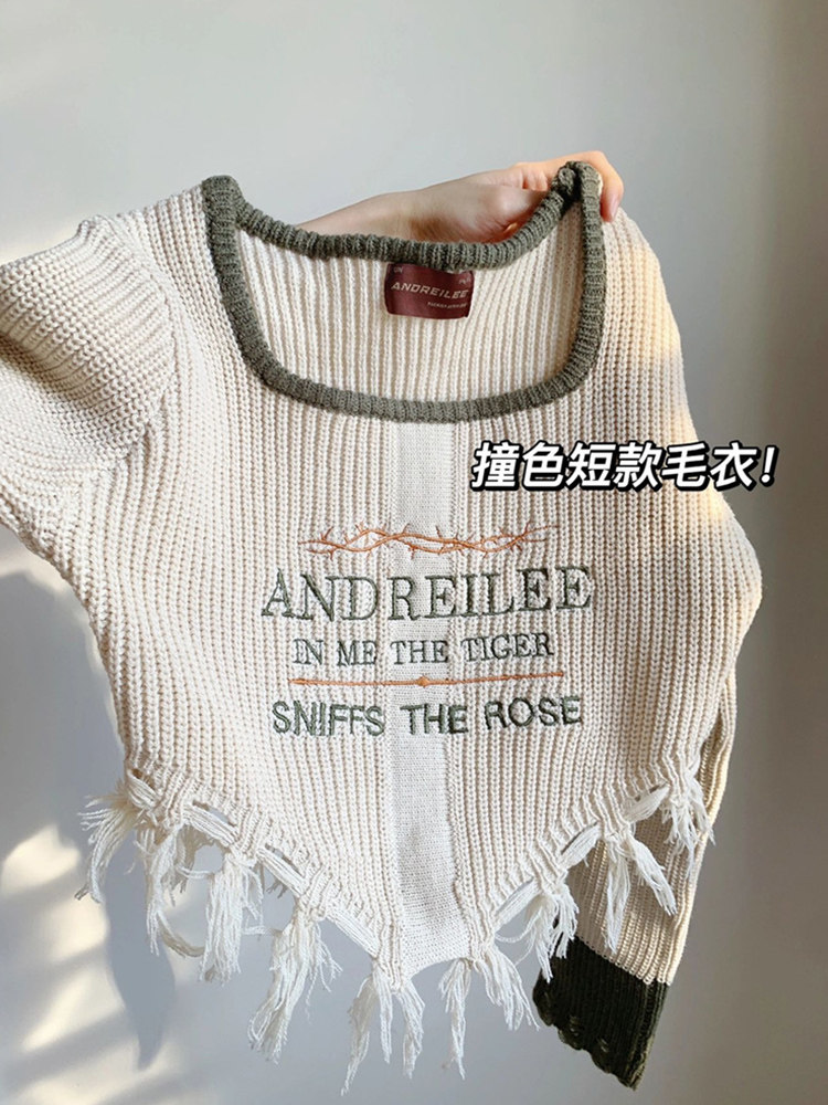 American vintage square frontage Fried Street Knit Long Sleeves Women Spring Autumn New Foreign Air Design Sensation with a small crowd of short blouses-Taobao